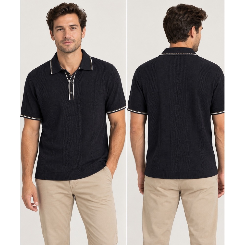 Goodfellow & Co Mens Navy Blue Knit Polo Shirt Retro Textured Short Sleeve M